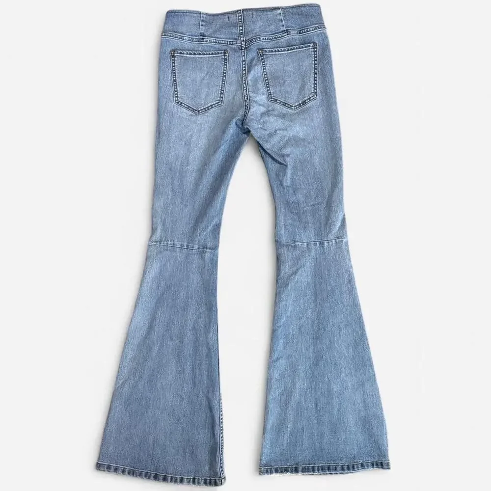 Free People Light Blue Washed Stretchy Denim Distressed High Rise Flare Jeans 28